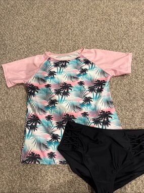 Kids Pink Tropical Palm Rash Guard Swim Set